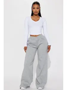 Cassandra Cross Over Lounge Pant Heather Grey Wide Leg Fleece High Waisted Elastic Waistband Stretch Cotton Polyester