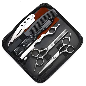 5.5 in Stainless Steel Hair Cutting Scissors Set - Haircare Tool with Razor, Leather Case, Thinning/Texturizing Shears, Ergonomic Handle for Professional Hairdressers, Home Use (Great Gift)