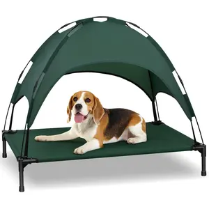 Elevated Dog Bed with Canopy – Portable Outdoor Cooling Pet Cot with Removable Shade Mats