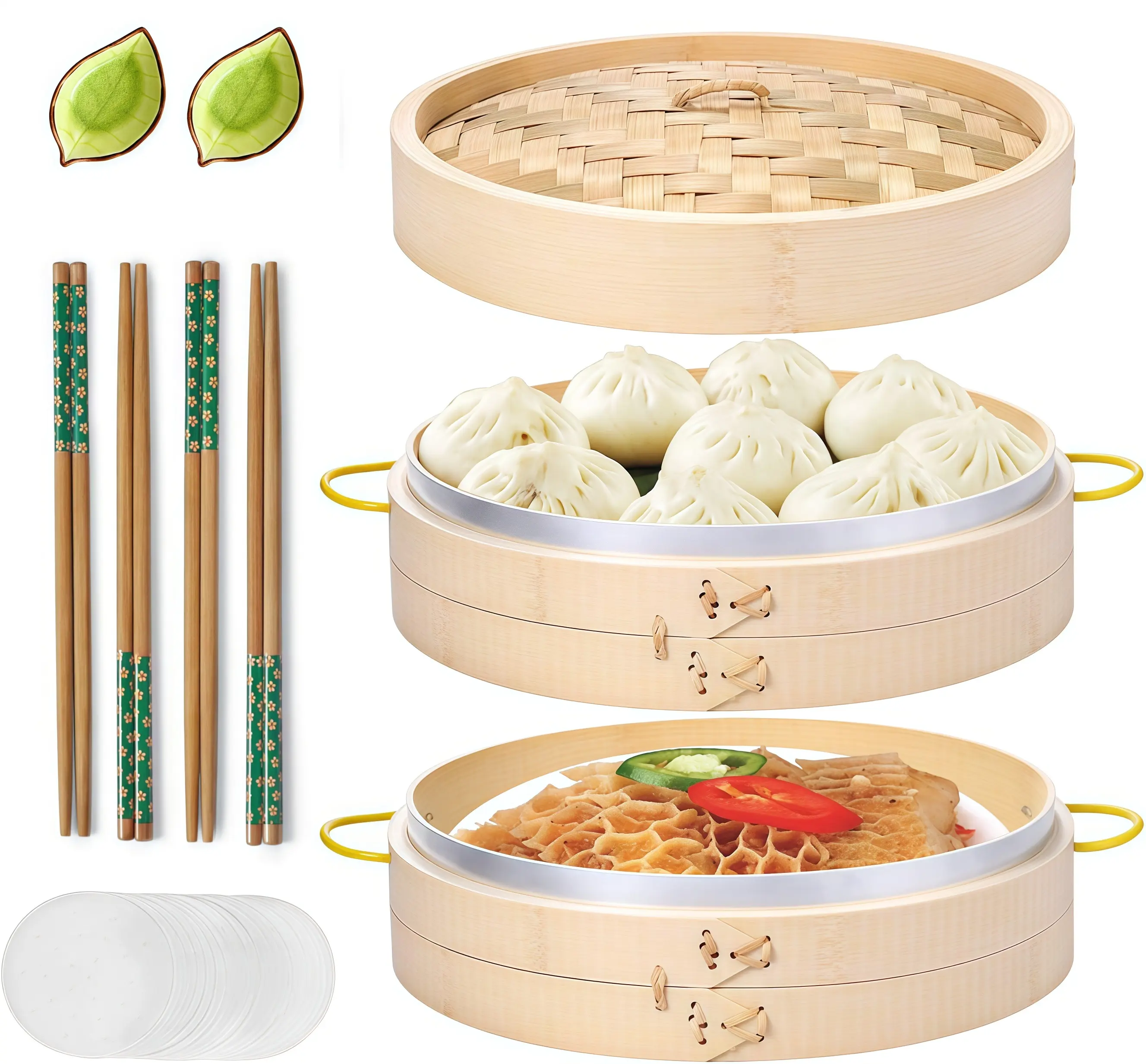 10-Inch Natural Bamboo Steamer Basket Complete Kitchenware Set - Vegetable & Food Steamer for Cooking, Dim Sum Steaming, with Side Handles, Chopsticks Set, Ceramic Sauce Dishes, Paper Liners, Vegetable Steamer
