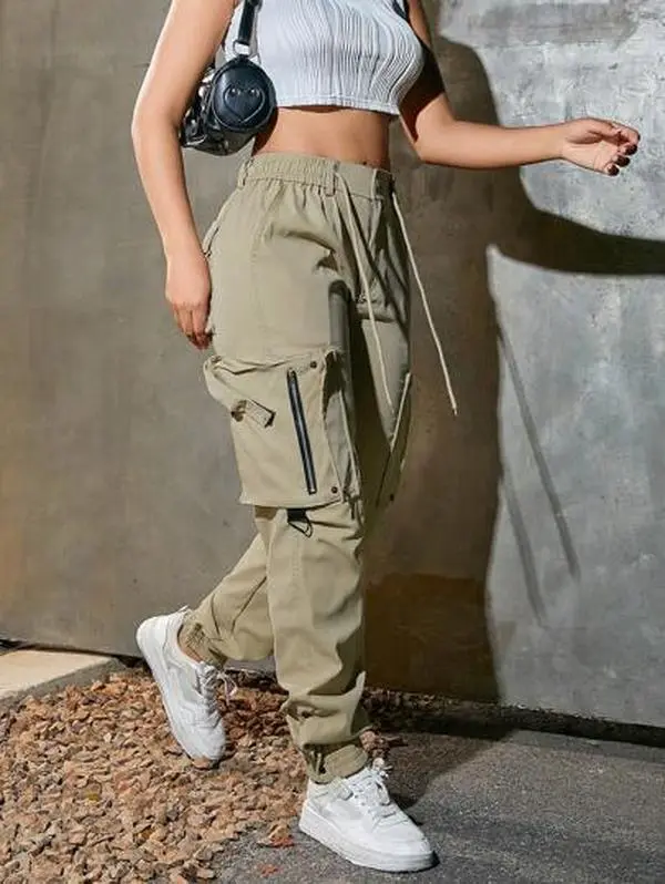 Cool, edgy functional style!Khaki cargo jogger pants, stylish multi-pocket design, same street-style long pants as Instagram influencers, cargo joggers with zipper detailing, comfortable high-waisted jogger fit, casual sporty styling