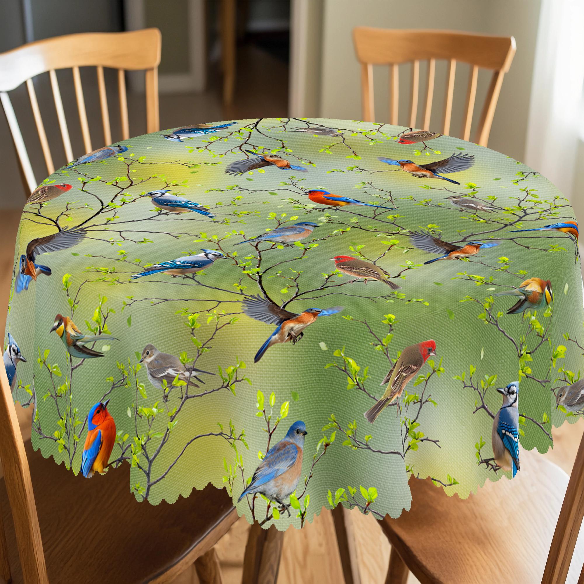 XEXSIN Colorful hummingbird tablecloth, Green round/rectangular polyester tablecloth, small fresh garden style, suitable for kitchen dining tables, spring outdoor parties and camping, suitable for holiday dining and parties, farmhouse style decor