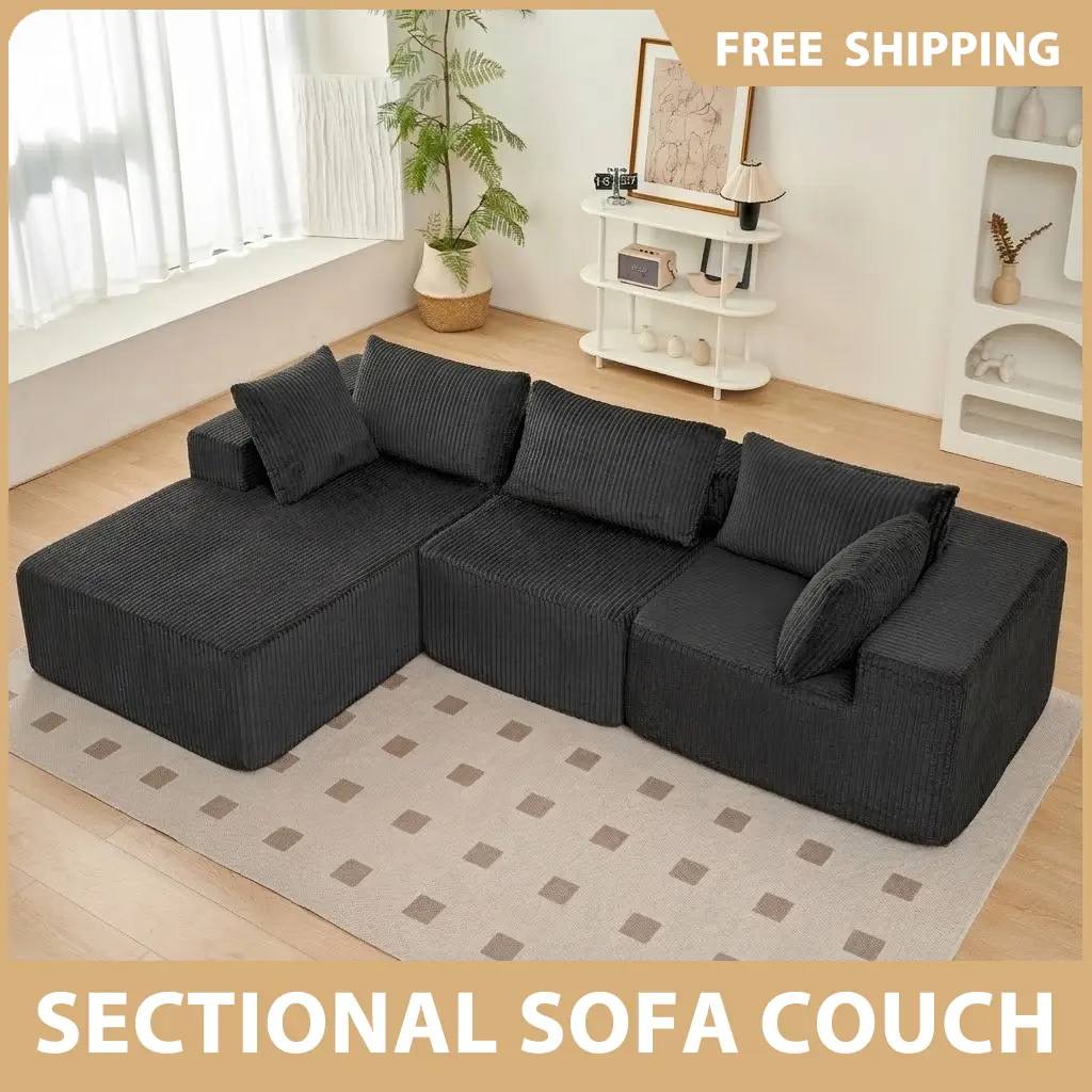 【Sectional Sofa Couch】Sweetcrispy L-shaped Modular Sectional Sofa, Compressed Corduroy Fabric, Modern Style Living Room Sofa Bed, Space-Saving Recliner Design - Convertible Corduroy Sectional Sofa