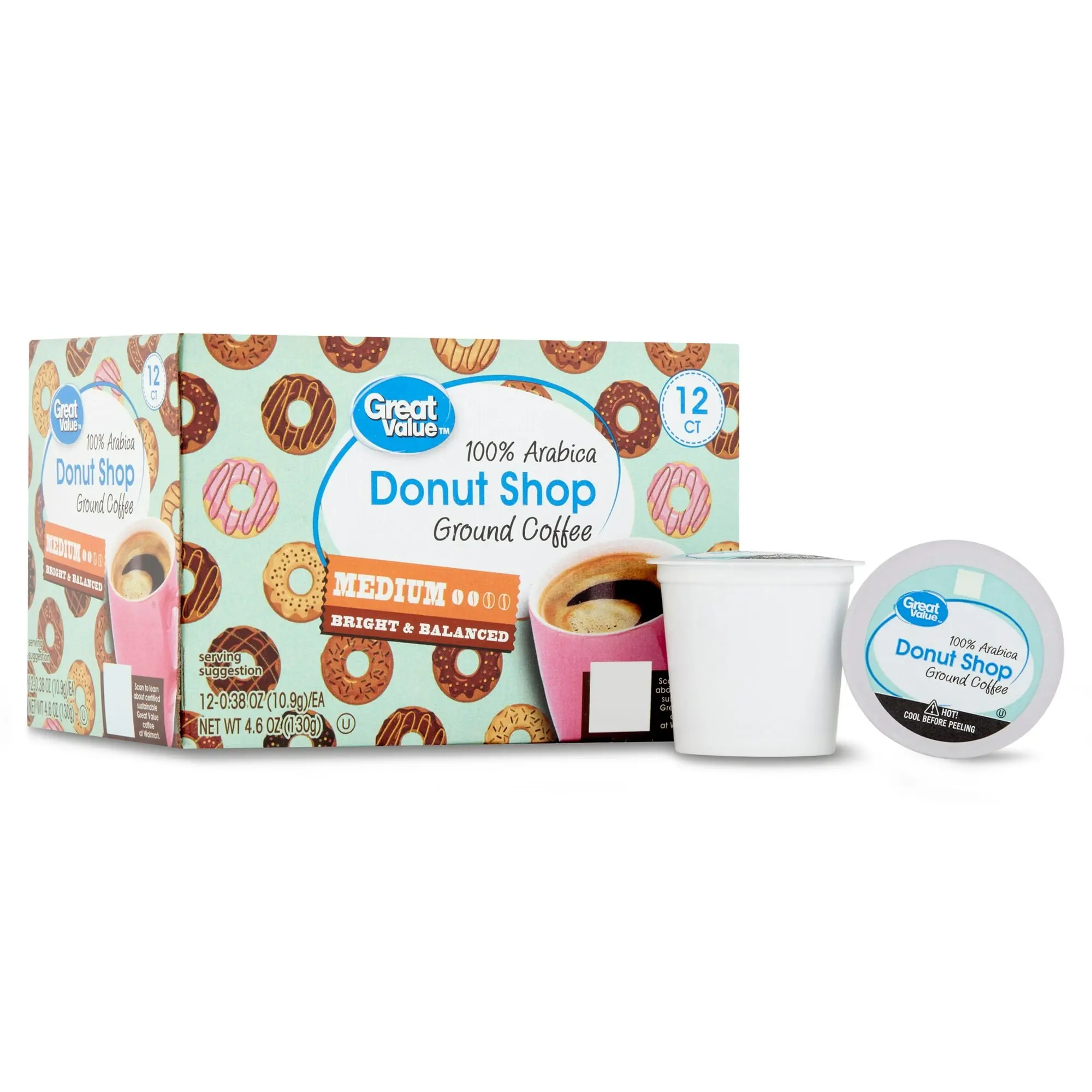 Great Value Donut Shop 100% Arabica Medium Roast Ground Coffee Pods, 12 Count