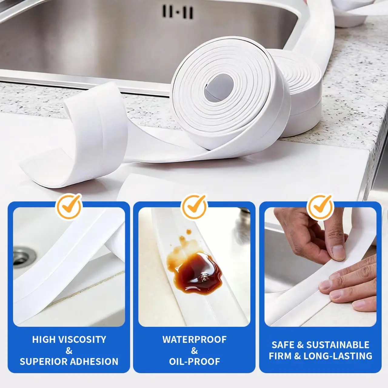 Bath & Kitchen Caulk Tape Sealant Strip, Bathroom Sealing Tape, PVC Self Adhesive 2PCS Tub & Wall Sealing Tape Caulk Sealer Tools, , Adhesive Sealant, Waterproof Bond Seal, Waterproof Caulk Tape