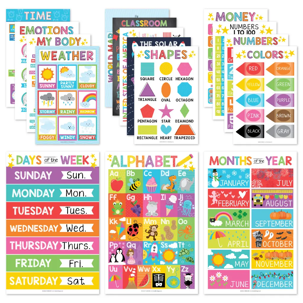 Hadley Designs 16-Piece Bright Laminated Educational Posters - Preschool Learning Materials for Preschool Classrooms, Alphabet, Numbers & Shapes Charts, Back to School Haul School Supplies Haul for Bulletin Boards, Elementary School