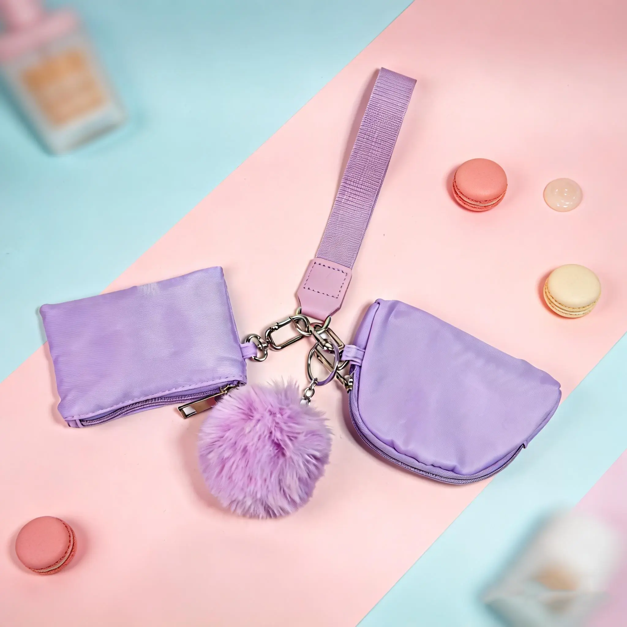 Mini Bag Wristlet Wallets for Women, Keychain Wristlet Wallet with 2 Detachable Pouches and Fluffy Pom Pom, Water Repellent Nylon Wallet Wristlet Keychain Coin Purse, Hands-Free for Workout Travel Commute