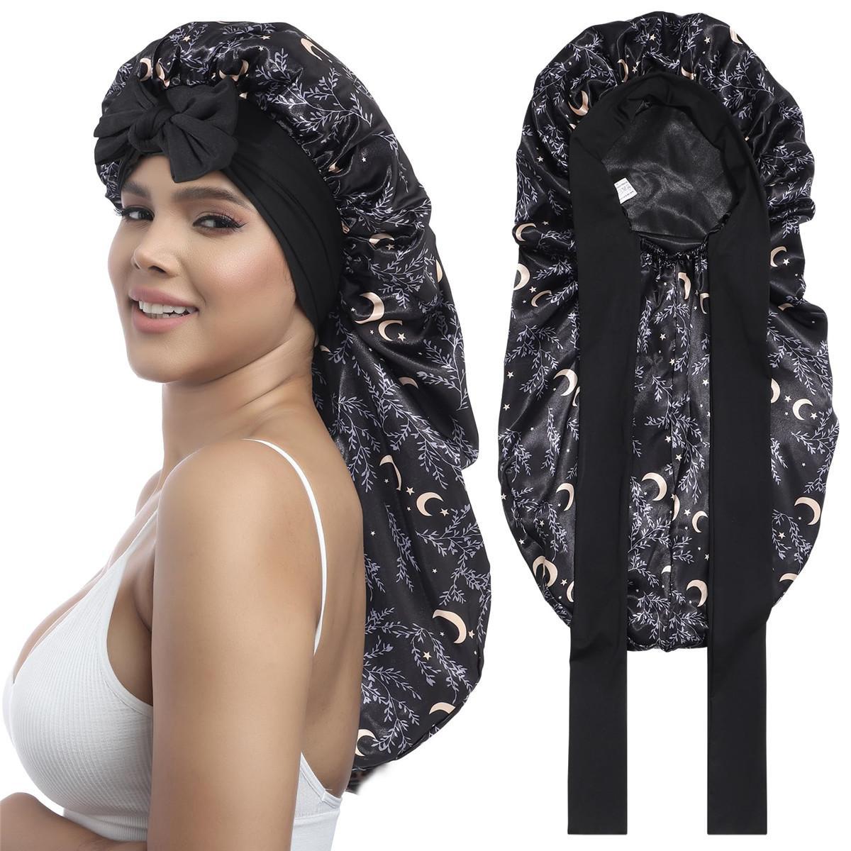 Double Layer Satin Bonnet for Sleeping - Silk Like Texture, Elastic Tie Band, Curly Hair Nightcap, Smooth Haircare, Reusable, 100% Polyester, 55cm Cap Circumference, 94cm Length, 35cm Width, 61cm Rope Length, 6.5cm Rope Width