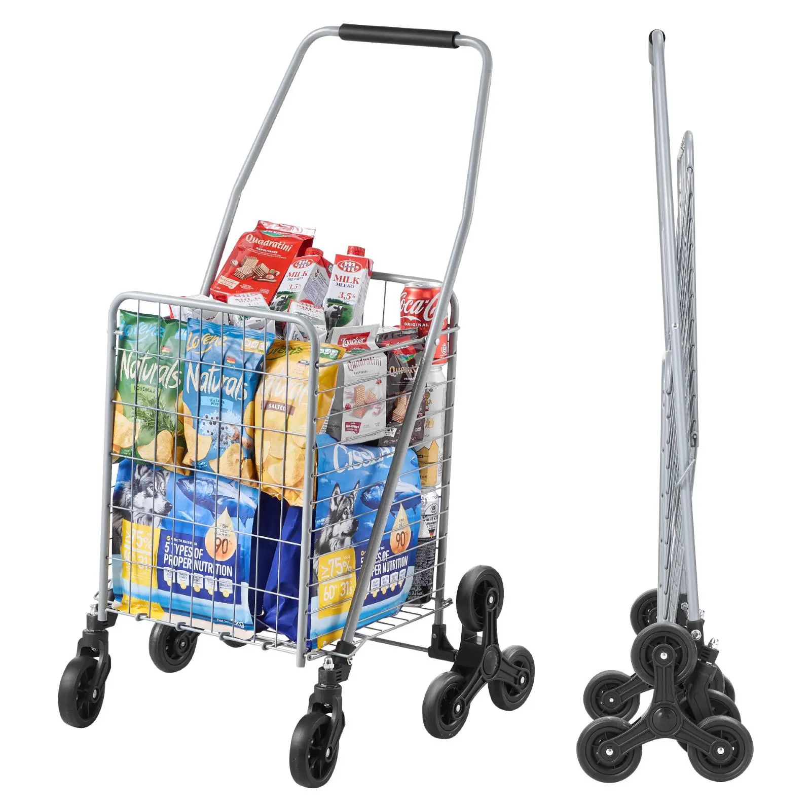 VEVOR Grocery Shopping Cart,  , 45L Stair Climbing Shopping Cart with 360° Rolling Swivel Wheels, Stair Climber Utility Cart with Tri-Wheels, Foldable Collapsible & Lightweight for Laundry Travel, Silver#BackToSchool
