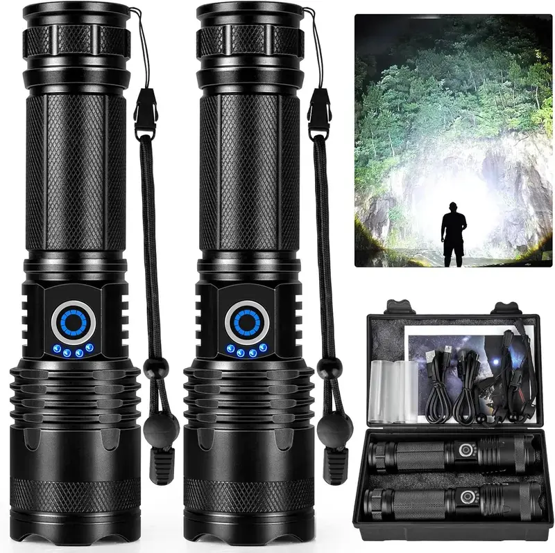 2-Pack Rechargeable LED Camping Flashlights - Metal High-Power Torch with XHP50.2 LED, 1000000 Lumens, 5 Modes, USB Rechargeable, EDC Waterproof Durable Torch for Home Supplies, Party Gifts, Camping Flashlight, Edc Waterproof Flashlight