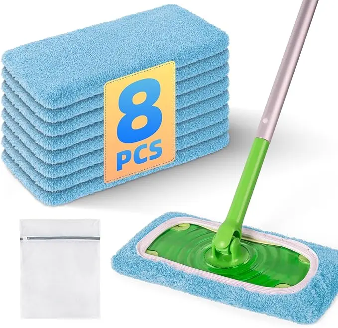 Household 8-Pack Reusable Mop Pads, Compatible with Swiffer Sweeper - Washable Microfiber Dry & Wet Refills, Multi-Surface Cleaning for Hardwood, Tile Floors