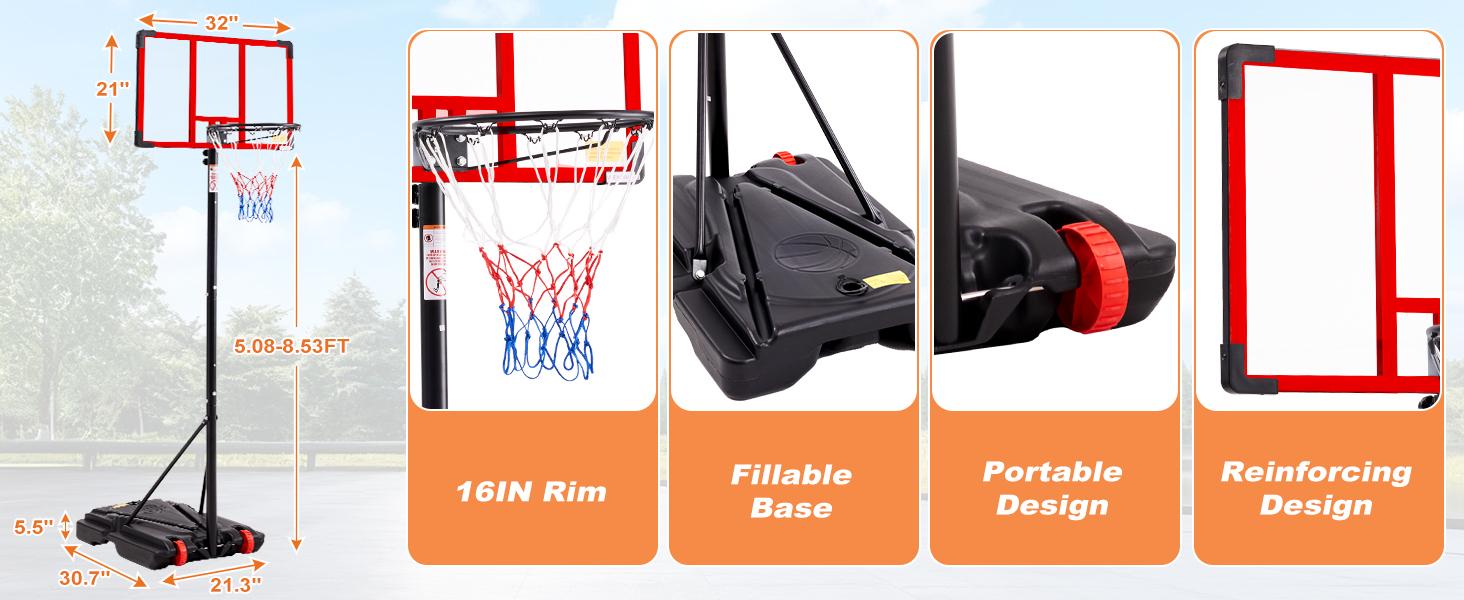 Basketball Hoop Outdoor, 5.08-8.53FT Adjustable Height, Portable Basketball Hoops & Goals for Kids Teens Youth, with Fillable Base Shatterproof Backboard for Backyard Driveway
