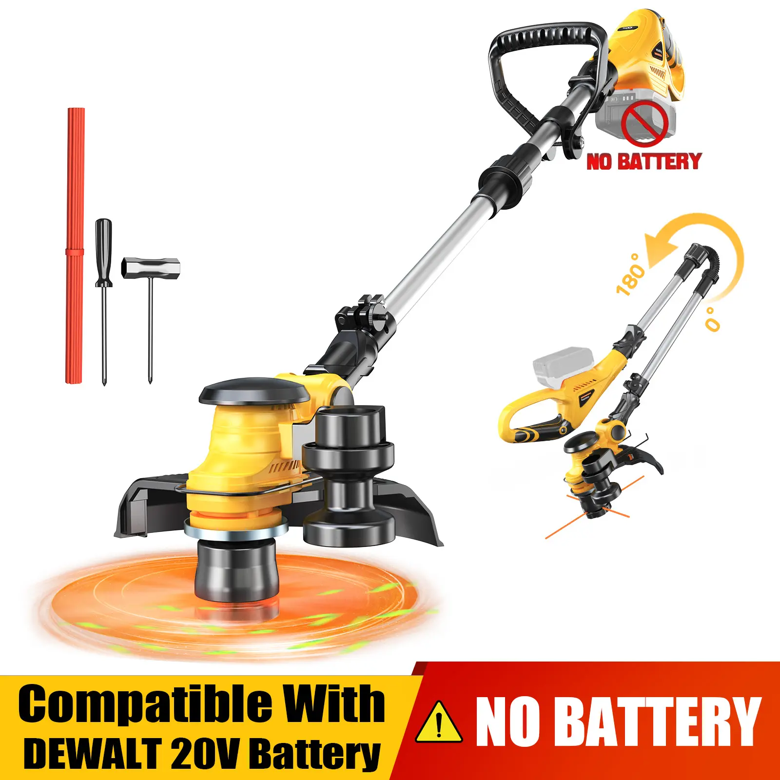 Cordless String Trimmer Compatible with Dewalt 20V 【Battery NOT Included】, 3 IN 1 Weed Eater with Brushless Motor & Battery Level Display, Electric Weed Wacker/Edger Trimmer for Yard, w/ 18 Line, Yellow