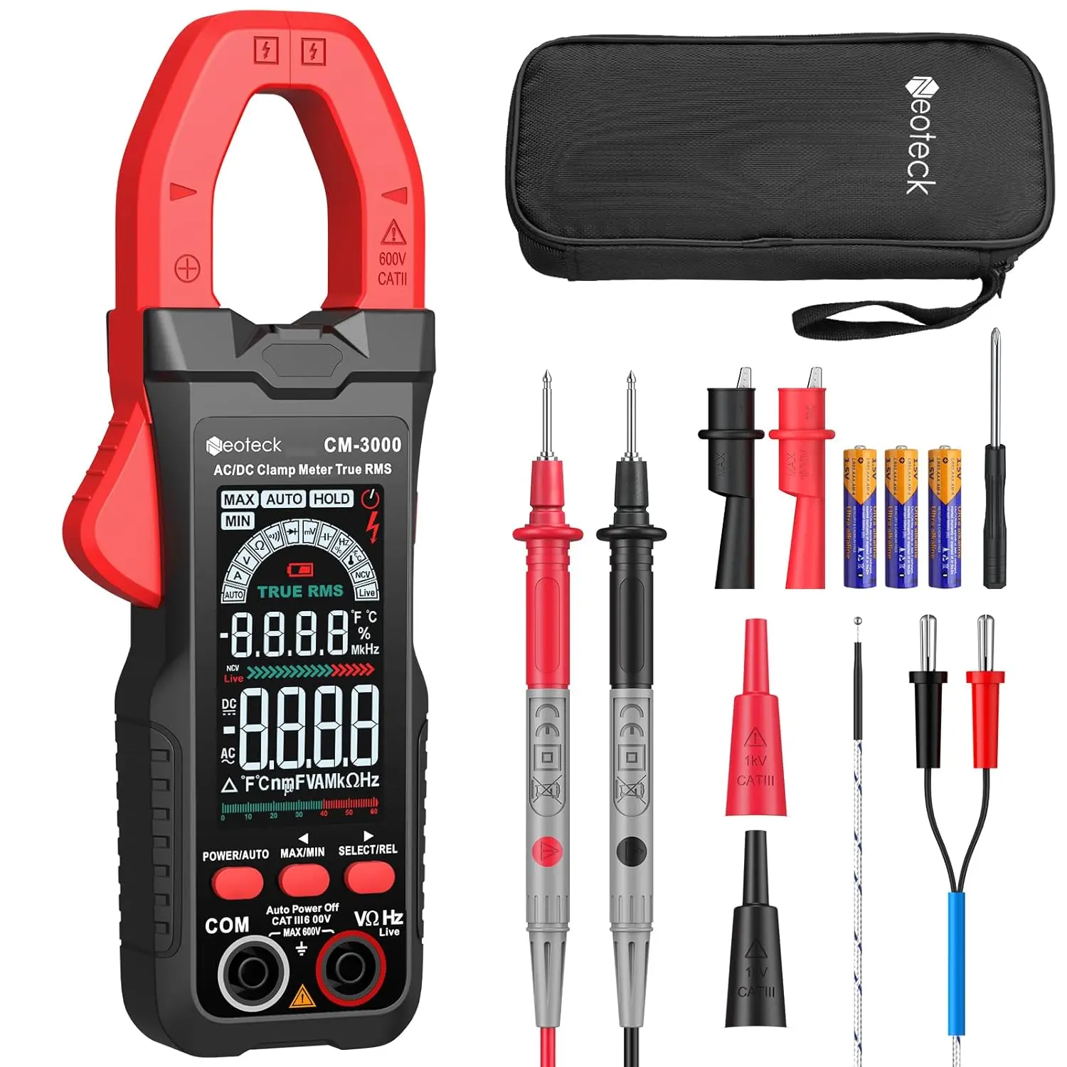 Neoteck Clamp Meter 6000 Counts Clamp Multimeter 800A AC Current Multimeter Auto Selection Color Screen TRMS Voltage,Capacitance,Continuity,Resistance,NCV,Diode,Frequency for Home,Auto,Industrial,HVAC