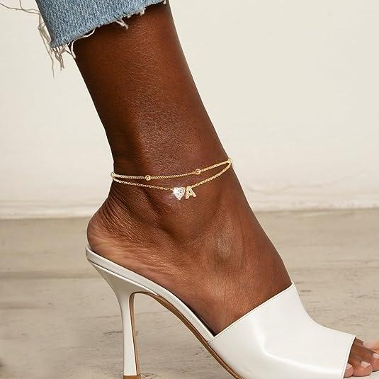 Tewiky 14K Gold Plated Double Layer Anklet with Cuban Chain & Beaded Spacing, CZ Heart Initial Ankle Bracelet for Women, Dainty Summer Jewelry Gift Tewiky 14K Gold Plated Double Layer Anklet with Cuban Chain & Beaded Spacing, CZ Heart Initial Ankle Bracelet for Women, Dainty Summer Jewelry Gift