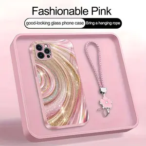 Luxury Rose Gold Swirl Phone Case with Flower Lanyard, Glitter Pink Art Aesthetic Cover for iPhone 12 Pro — 975