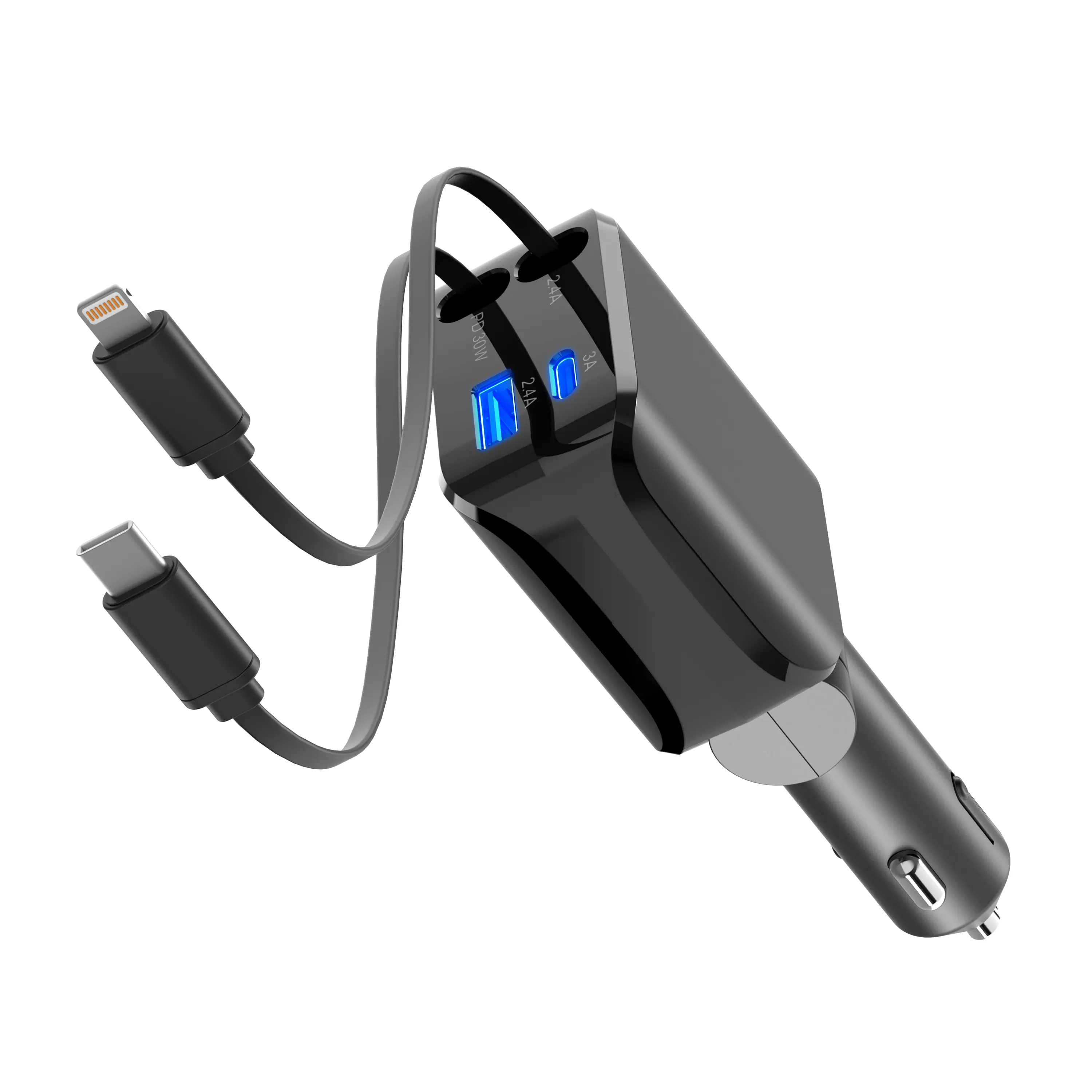 100W 4-in-1 Retractable Automotive Charger, Type-C Super Fast Charge Adapter with Tangle-Free Type-C+Lightning Cable & Dual Ports for iPhone, Samsung Devices