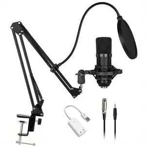 Condenser Microphone Kit with Adjustable Boom Arm Stand - Dual Pop Filter & Windscreen, USB Sound Card Adapter, Plug & Play No Driver Needed, Perfect for Streaming, Podcasting, Recording, Gaming, Online Classes, Voice Conferences