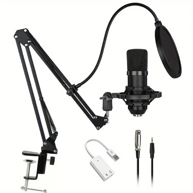 Condenser Microphone Kit with Adjustable Boom Arm Stand Dual Pop Filter & Windscreen USB Sound Card Adapter Plug & Play No Driver Needed for Streaming Podcasting Recording Gaming Online Classes Voice Conferences