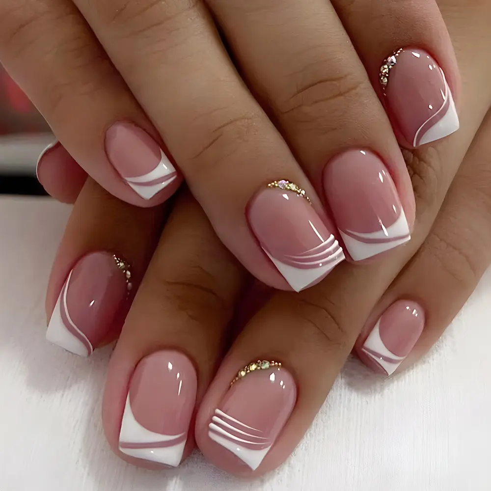 Minimalist French-style press-on nails (short length) featuring a "pure yet alluring" rhinestone-cluster design.Suitable for parties and everyday wear.Easy to put on and take off., Nail Press On Nails, French Tip Press On Nails