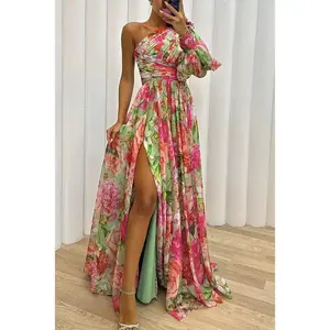 Cross-Border European and American Autumn Winter Party New Casual Slit Dress INS Loose Multi-Color Asymmetrical Shoulder Dress Formal Womenswear