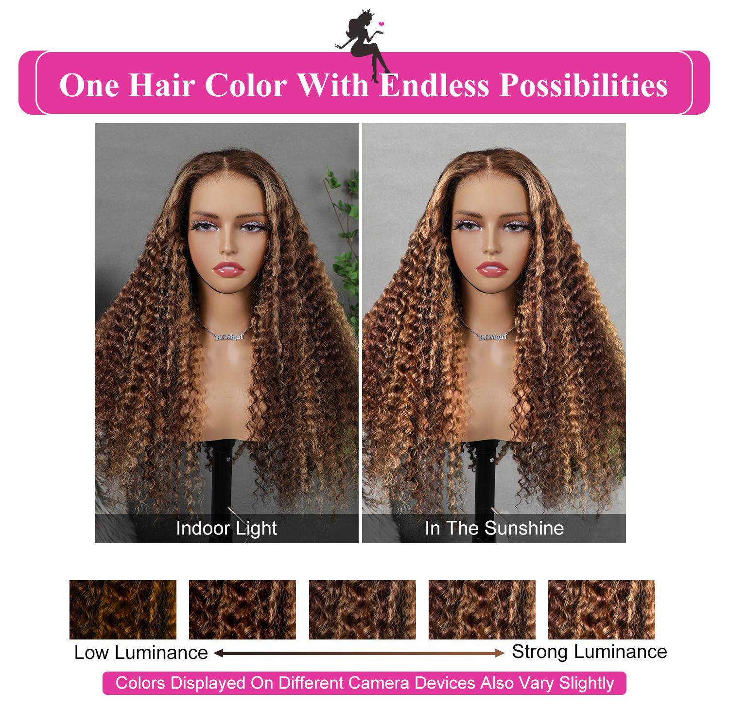 BGMgirl Highlight Brown Kinky Curly Deep Wave 6*4 Wear Go Water Wave 180% Density Kinky Straight Glueless Pre Plucked Pre Cut Lace Closure Human Hair Colored Wig Spring Summer Style #SummerVibes #mothersdaygift