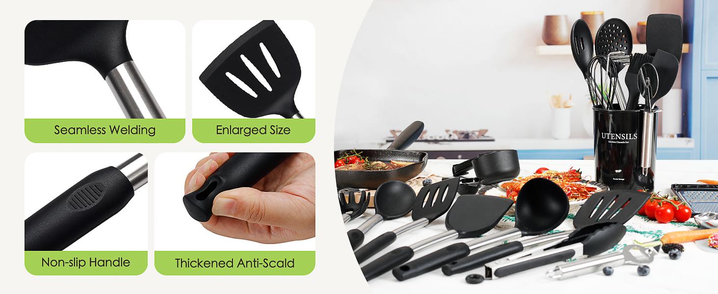 Large Cooking Utensils Set, 35 Pcs Spatula Set with Holder, Silicone Kitchen Utensils Set with Stainless Steel Handle, Cheese Grater, Scissors, Ice Cream Scoop, Pizza Cutter Kitchen Gadgets (Black) Cover Lightweight Large Cooking Utensils Set, 35 Pcs Spatula Set with Holder, Silicone Kitchen Utensils Set with Stainless Steel Handle, Cheese Grater, Scissors, Ice Cream Scoop, Pizza Cutter Kitchen Gadgets (Black) Cover Lightweight