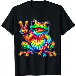 [100% Cotton]    Tie-Dye Frog Peace Sign Hippie T-Shirt Golf Gift T-Shirt For Men And Women.