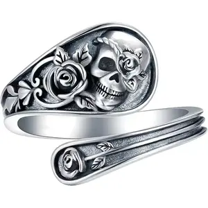 Artistic vintage adjustable skull flower ring, Halloween ring for both men and women