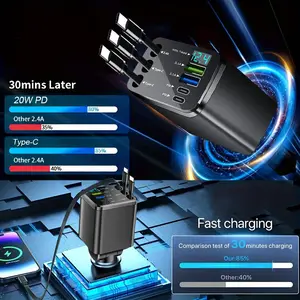 Best-Selling 8-in-1 Car Charger with Retractable Cables, Smart LED Display & 180° Rotation, PD Fast Charging for iPhone, Type-C & Android Devices Multi-Port USB Hub Compact Plug & Play Design Voltage Monitor Perfect for Travel, Daily Driving & Road Trips