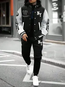 Men's Letter Print Slogan Baseball Jacket & Pants Two-piece Set, Loose Casual Long Sleeve Baseball Collar Outerwear & Trousers for Daily Wear, Men's Two-piece Outfits for Fall & Winter, Matching Clothing Set