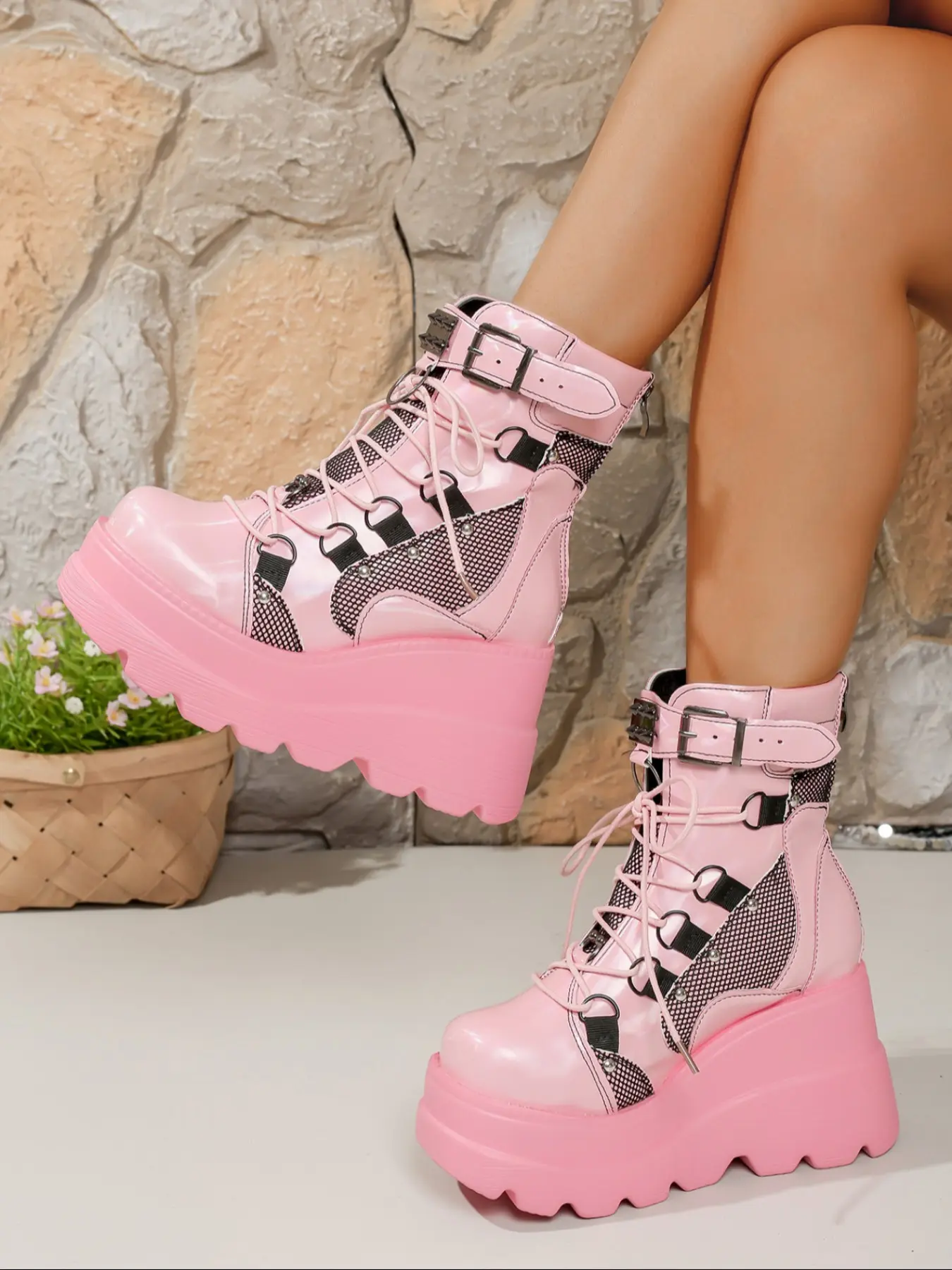Cool Thick Sole Women Boots, Metal Buckle + Rivet Details, Streetwear Essential, Casual Above Ankle Sneakers, All Seasons Pu Leather Upper, Walking Shoes, Trendy Boots, Durable Boots
