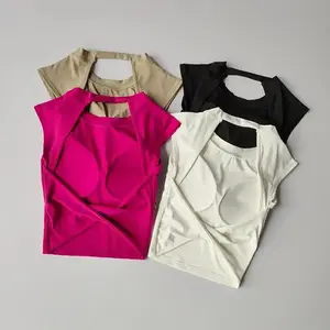 ShortSleevedT-shirtsWomen'sFixedChestPadBacklessShortGymShirtYogaTopsFitnessVestworkoutsetspilatesoutfitsworkouttopswhitegymsetstretchyworkoutoutfithomeworkoutsetribbedworkoutsets