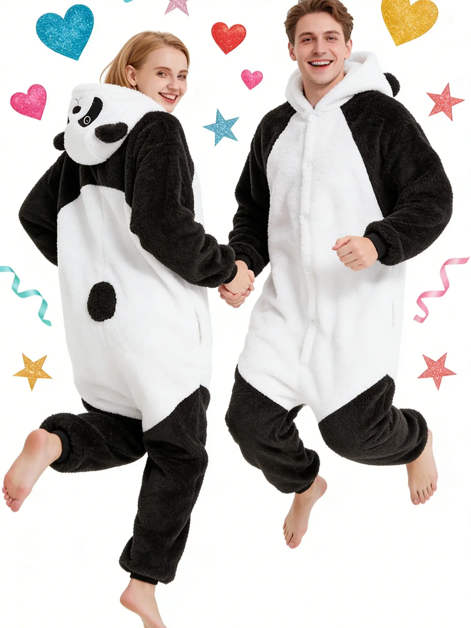 Women's Plus-Size Plush Polyester Panda Hooded Robe - Cute 3D Ears, Front Button Design, Storage-Paw Pockets, Full Coverage Loungewear, Womens Gifts for Birthdays, Storage-Pockets, Nightwear, Cartoon Print, One-Piece