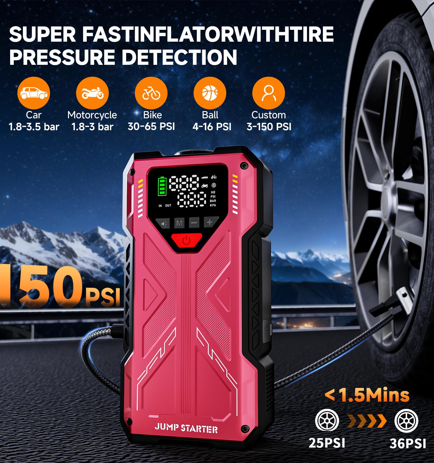 12000mAh Portable Jump starterwith Air Compressor, 150PSl, 12VCar Battery Jump Box, 10L Gas & 8.0LDiesel Engines, Wireless, SafeClamps for Easy Use Auto Accessories