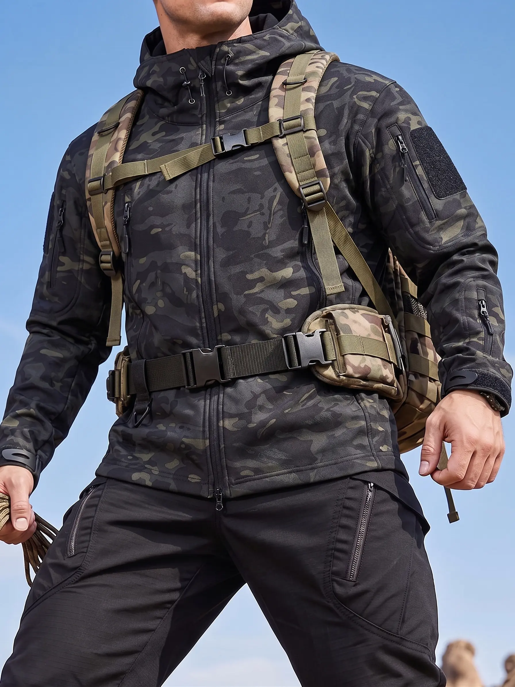 Men's Camouflage Print Tactical Soft Shell Hooded Full-Zip Wind-Resistant Multi-Pockets Male Jacket for Hiking, Camping
