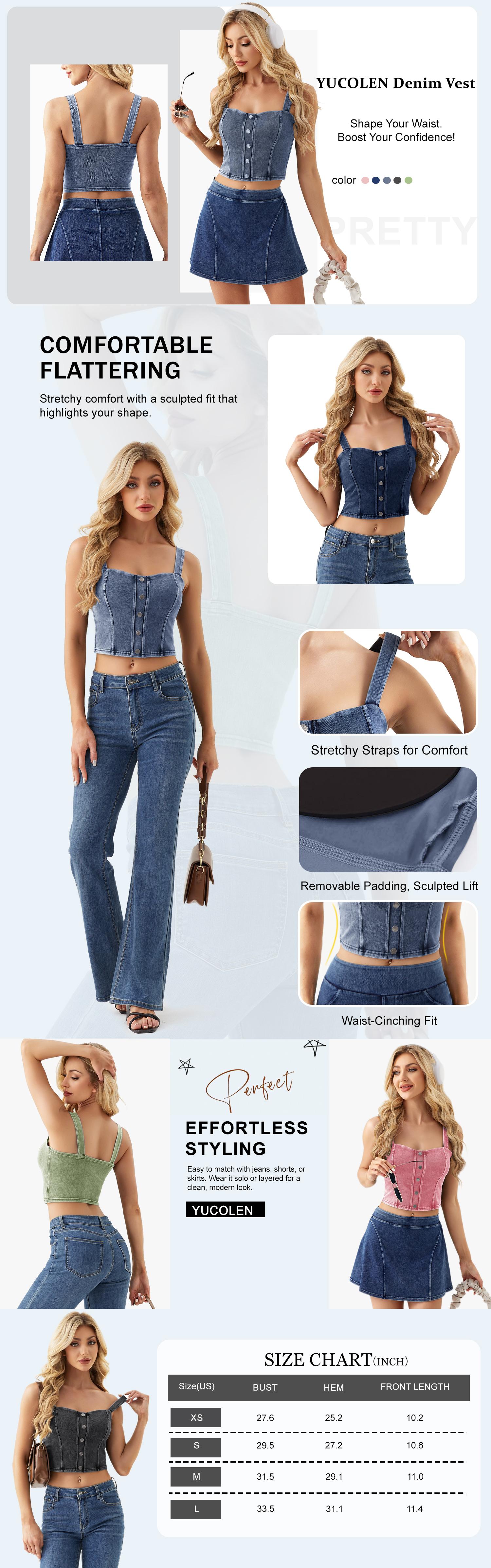 YUCOLEN Womens Casual Denim Tank Top Square Neck Sleeveless Slim Fit High Stretch Built-in Bra Tank Top Summer Workout Yoga Daily Wear