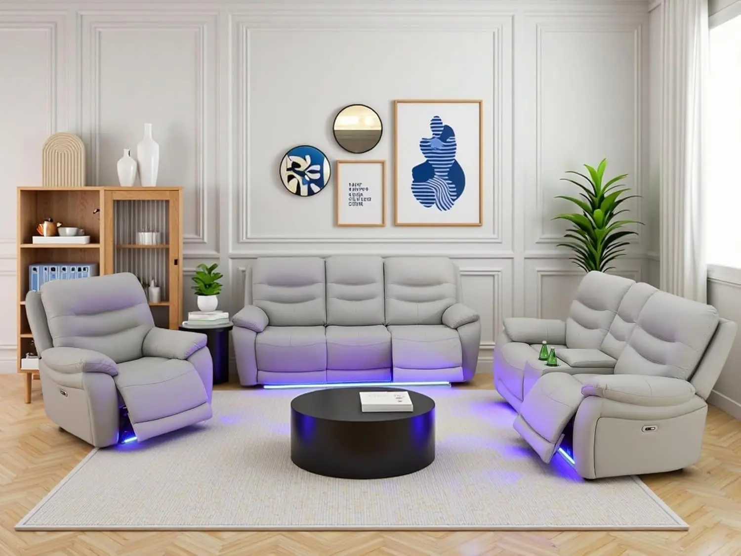 Modern Leather Sectional Power Recliner Sofa Set - LED Lighting, USB Port Ready, Storage Console, Cup Holders, Luxury Indoor Living Room Furniture (Sofa, Loveseat, Chair), Cup‑Holder Ease