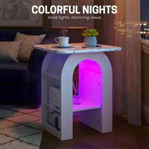 Summervibes Small End Tables Living Room Set of 2 for Small Spaces,19" Marble Top Nightstand with RGB Strip, Side Table with Storage Shelf(White) coffee led app control