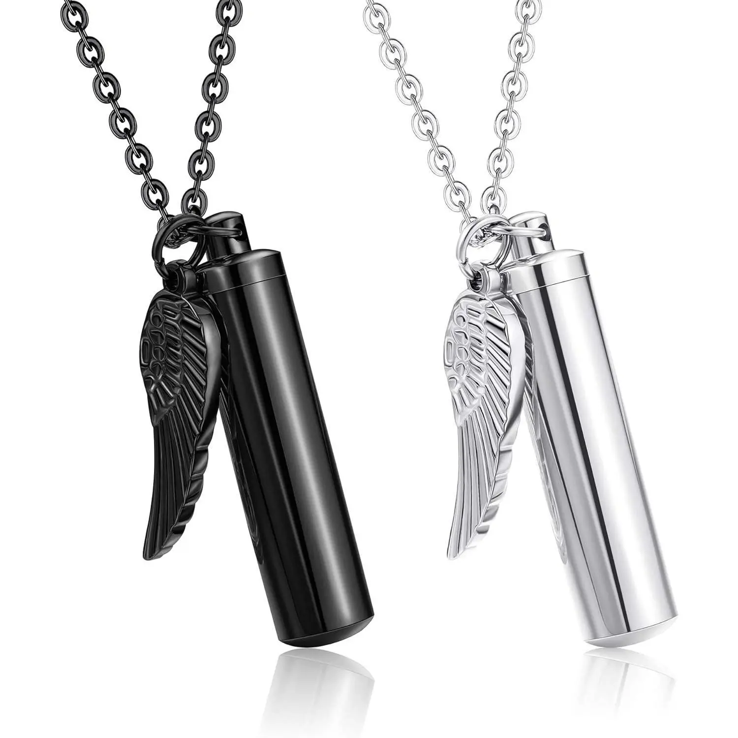 FLORIDECO 2Pcs Unisex Retro Look Stainless Steel Adjustable Necklaces Set - Adults' Daily Durable Elegant Memorial Keepsake with Angel Wings Charm, Customizable Cylinder Ashes Holder & Artificial Gemstone Jewelry Accessory