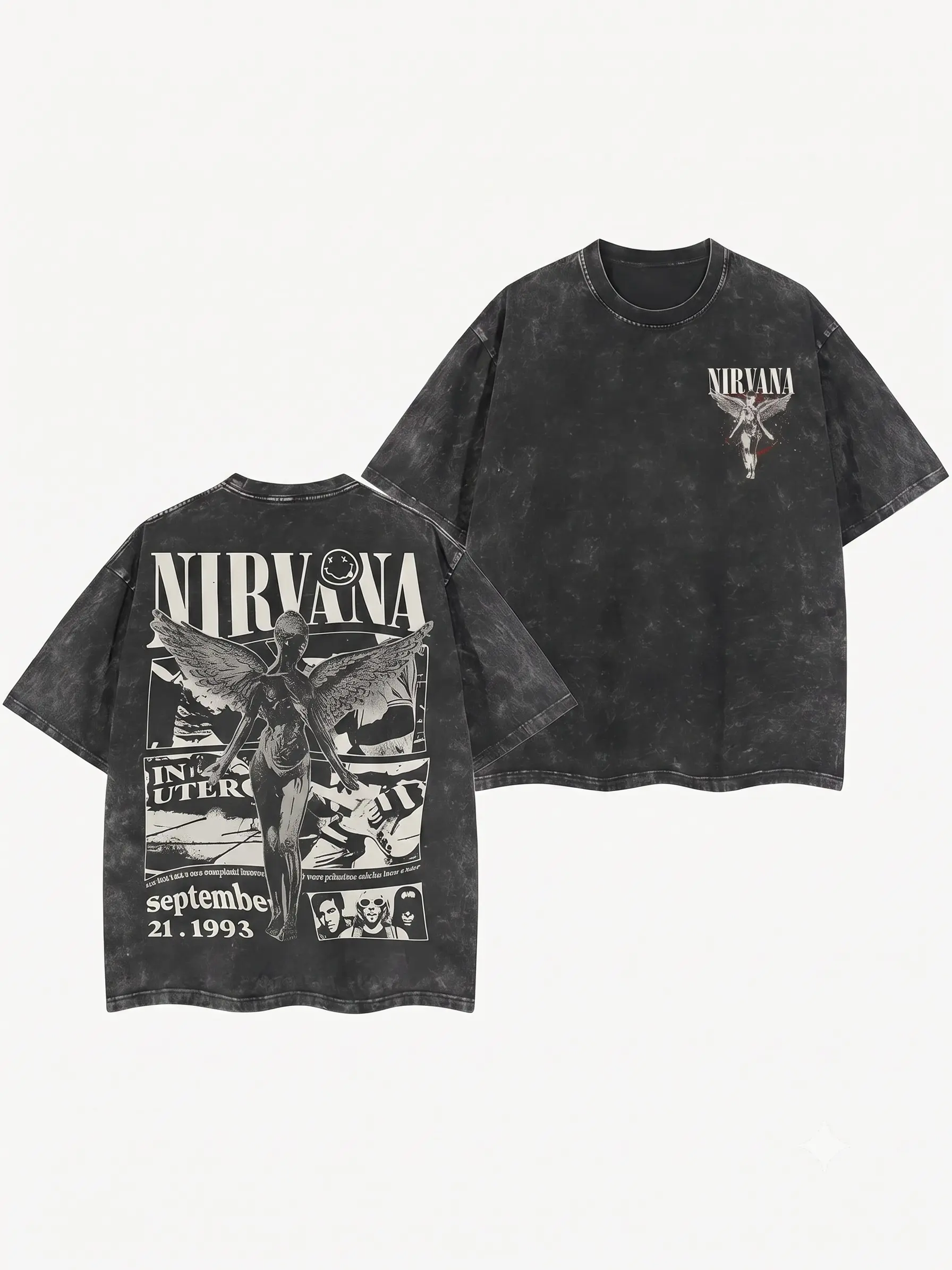 Men's Classic Vintage Wash Nirvana Angel Poster Print Streetwear T-Shirt - Unisex Oversized Loose Fit Apparel, Seamless Shortsleeve Cotton Rock Band Tee with Front & Back Graphic