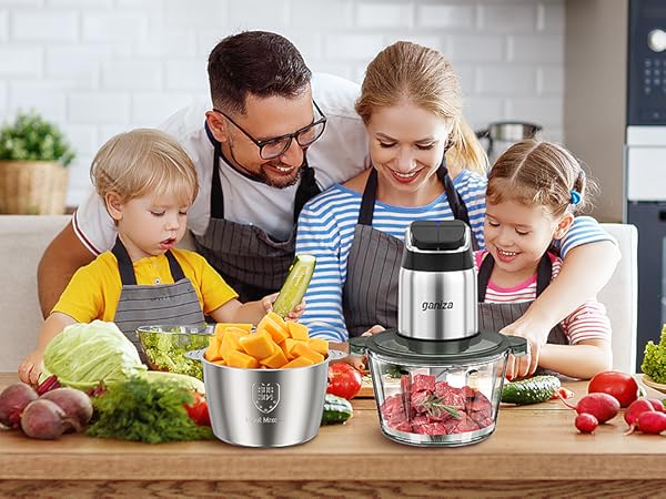 Ganiza Food Processor with 8 Cup Glass Bowls & 8 Cup Stainless Steel 2-Speed Food Chopper Meat Grinder  Upgraded Button & Smart Overheat Protection Light - Includes Clean Brush 2 Sets of Blades Kitchen Vegetable Slicer Vegetable Cutter Kitchen Appliances