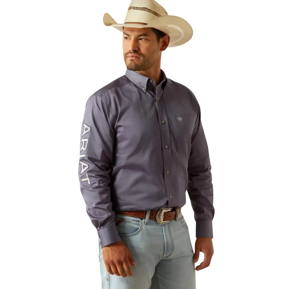 Ariat Men's Team Logo Twill Classic Fit Grey & White Long Sleeve Shirt
