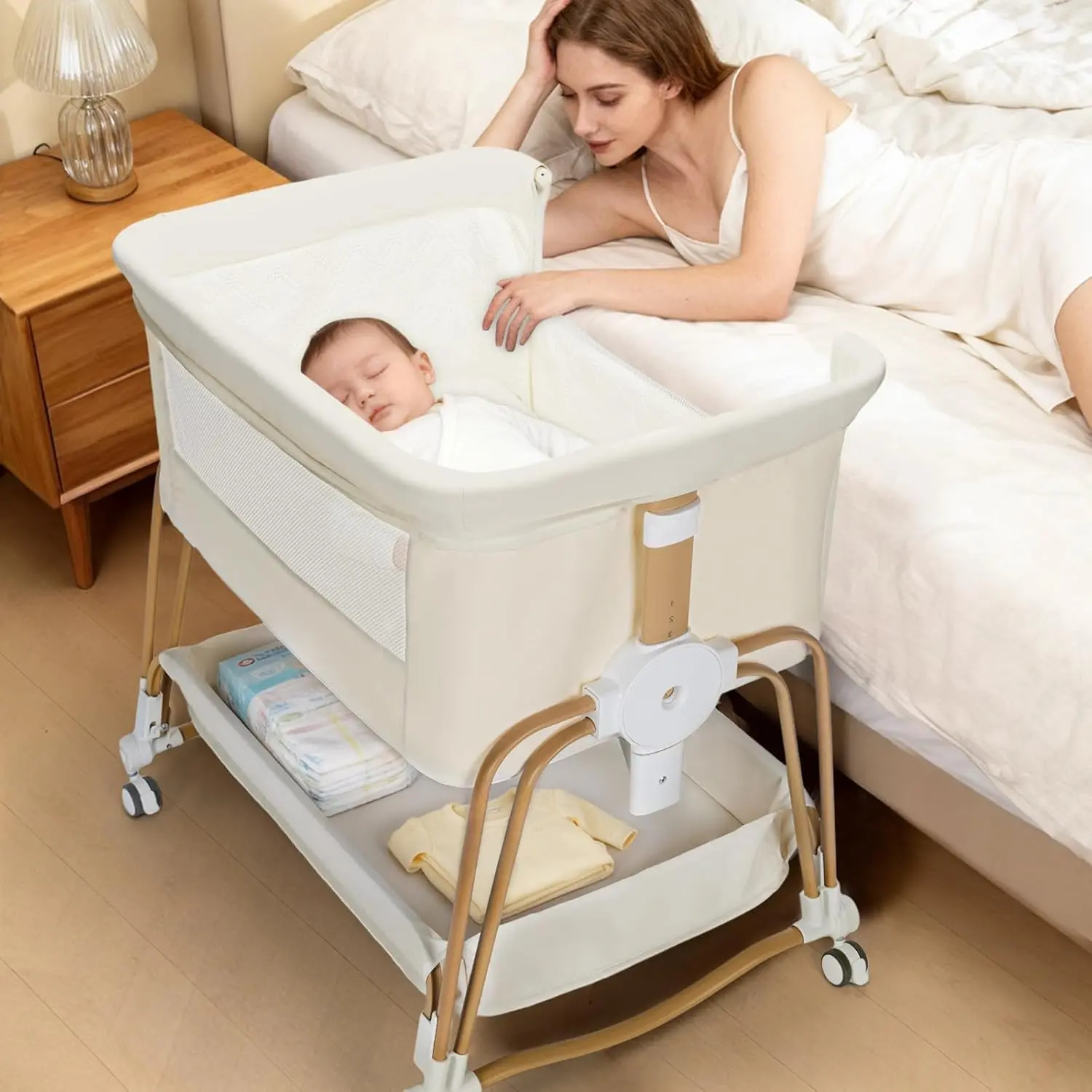 4-in-1 Baby Bassinet, Portable Bassinet Bedside Sleeper with Wheels and Storage Basket, 7 Height Adjustable Breathable Mesh Rocking Bassinet with Mosquito Net for Newborn , Portable Nursery Center, Bed-In-Bed Sleeper Infant & Toddler Beds