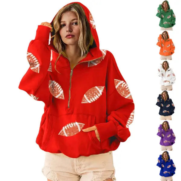 Ommig Women's Oversized Game Day Hoodie Casual Long‑Sleeve Half‑Zip Pullover with Sequin Football Print Kangaroo Pocket