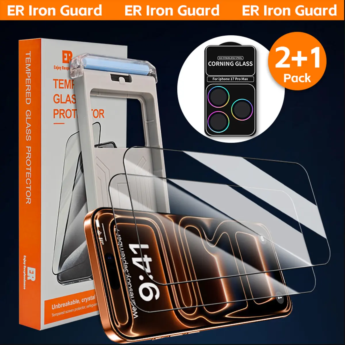 ER Iron Guard 2-pack privacy screen protector, tempered glass shockproof phone screen protector, suitable for iPhone 17/16, crystal clear, privacy screen protector, phone protection accessory, bubble-free, scratch-resistant, easy to install.