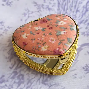 Pink Heart Shaped Floral Print Compact Mirror