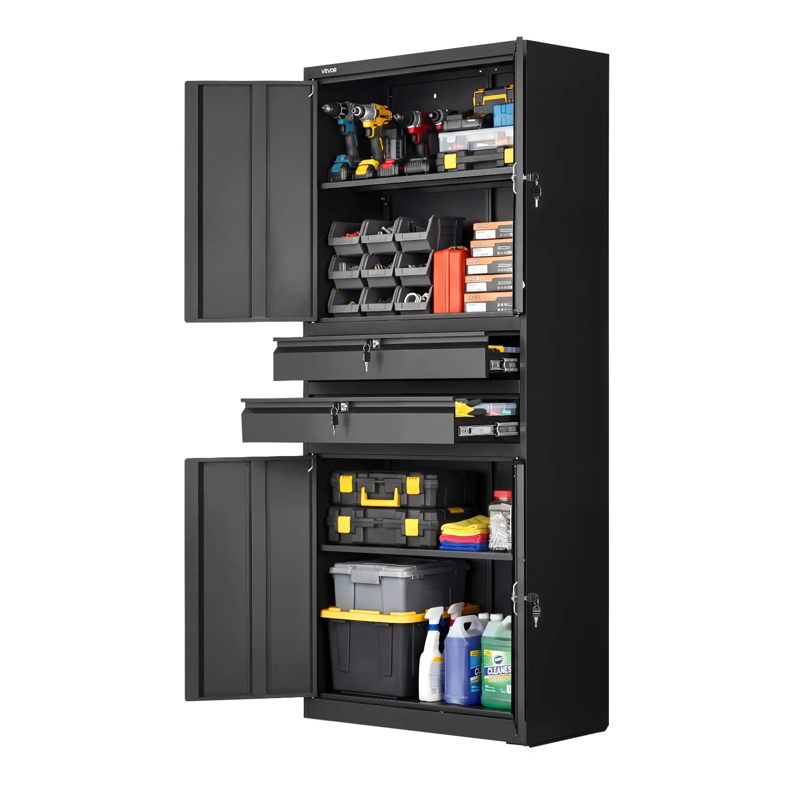 【summerfinds】VEVOR Metal Storage Cabinet, 180 lbs Shelf Load Capacity, 70.87" Tall Garage Tool Storage Cabinet with 4 Locking Doors and Adjustable Shelves, 2 Drawers, for Garage, Home, Office, Utility Room, Black, Heavy Duty, Lockable Tool Storage