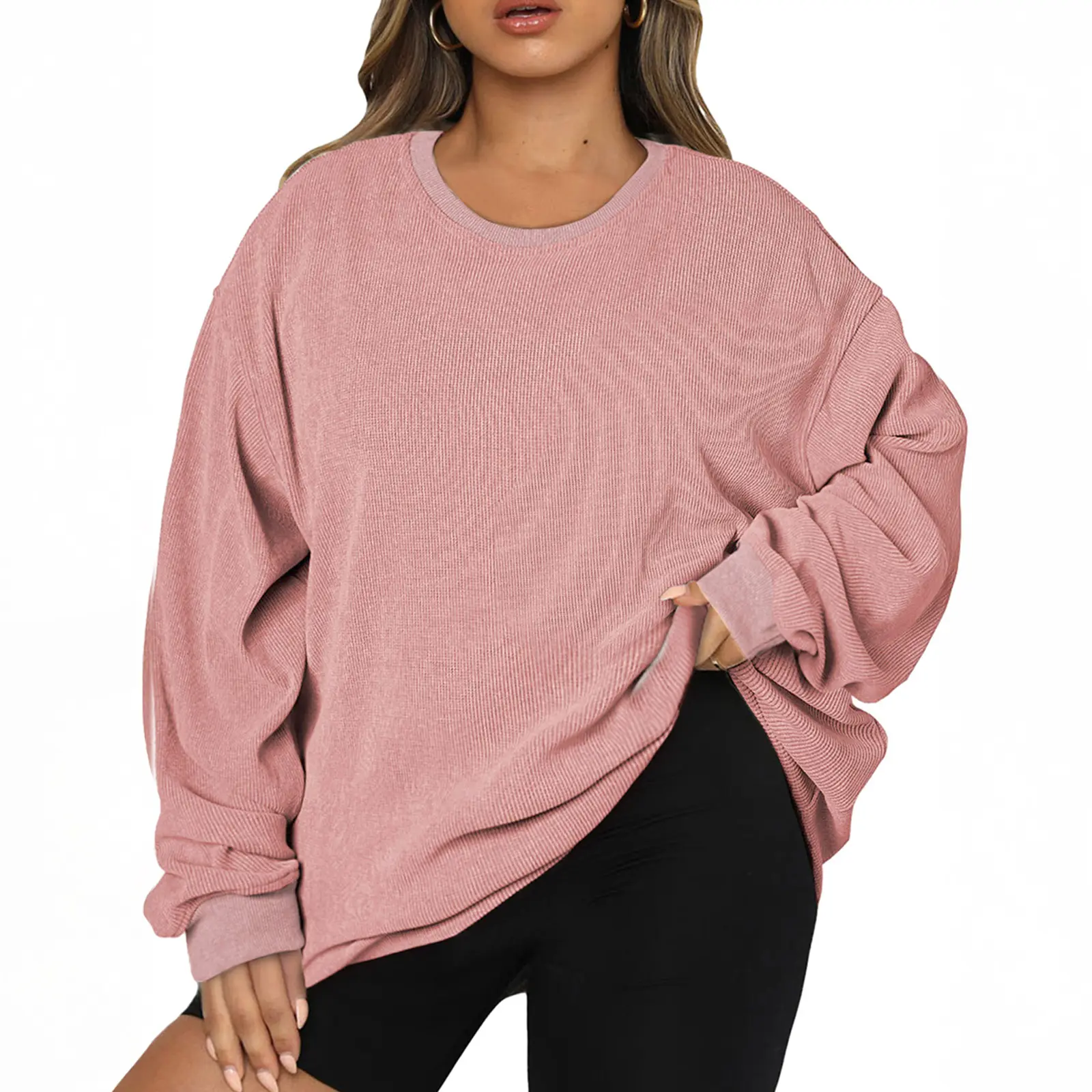 Aleumdr Women's Plus Size Oversized Corduroy Sweatshirt, Casual Crewneck Long Sleeve Lightweight Pullover, Baggy, Longsleeves, Lightweight Sweatshirt, Loose