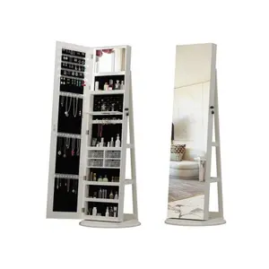 Premium 360 Degree Swivel Jewelry Cabinet with Full Length Mirror – Lockable Interior Lighted 360 Degree Rotating Jewelry Armoire Organizer, Light Walnut Slim Design for Apartments